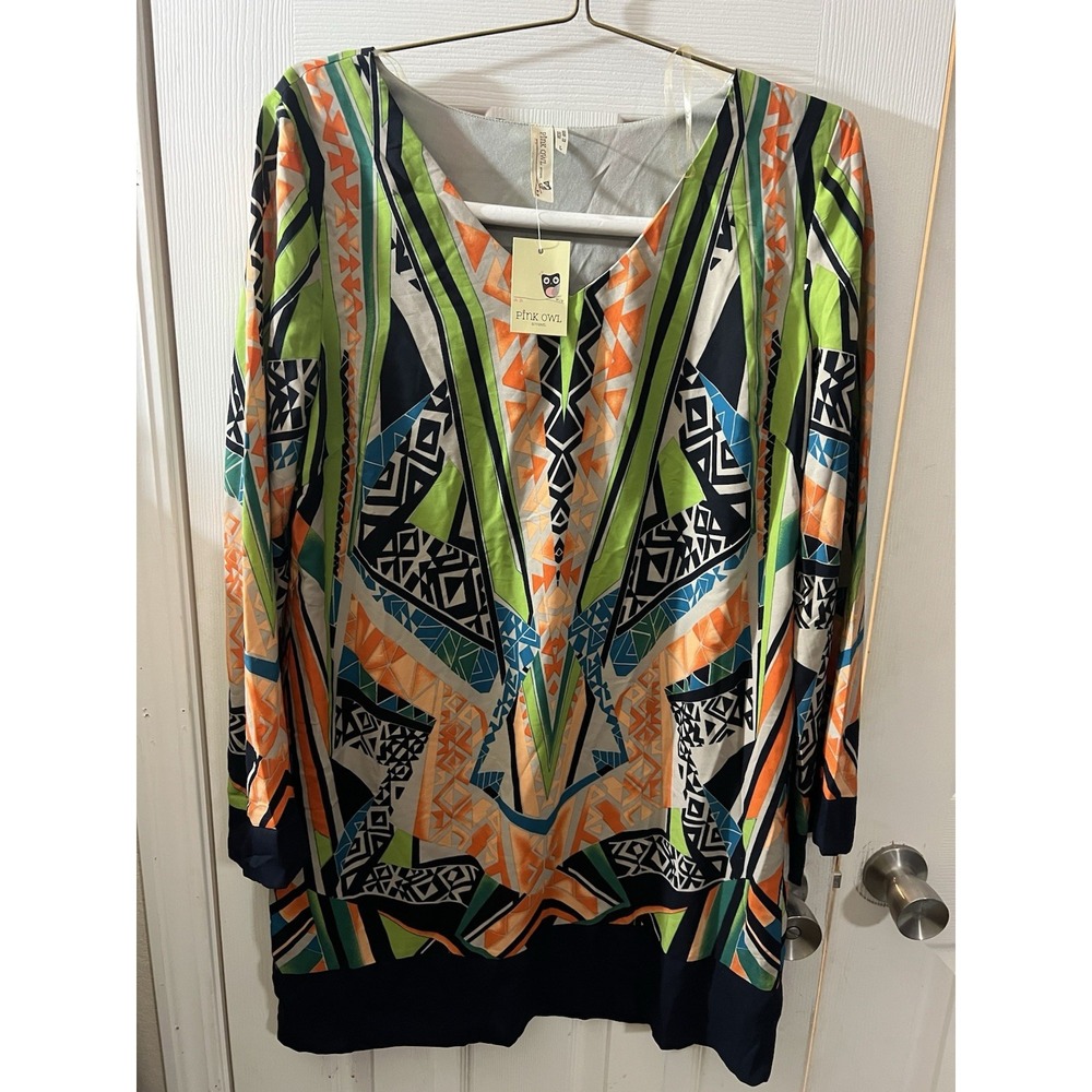 Pink Owl Dress Womens Multicolor Shift Dolman V-neck V-back Large No Belt